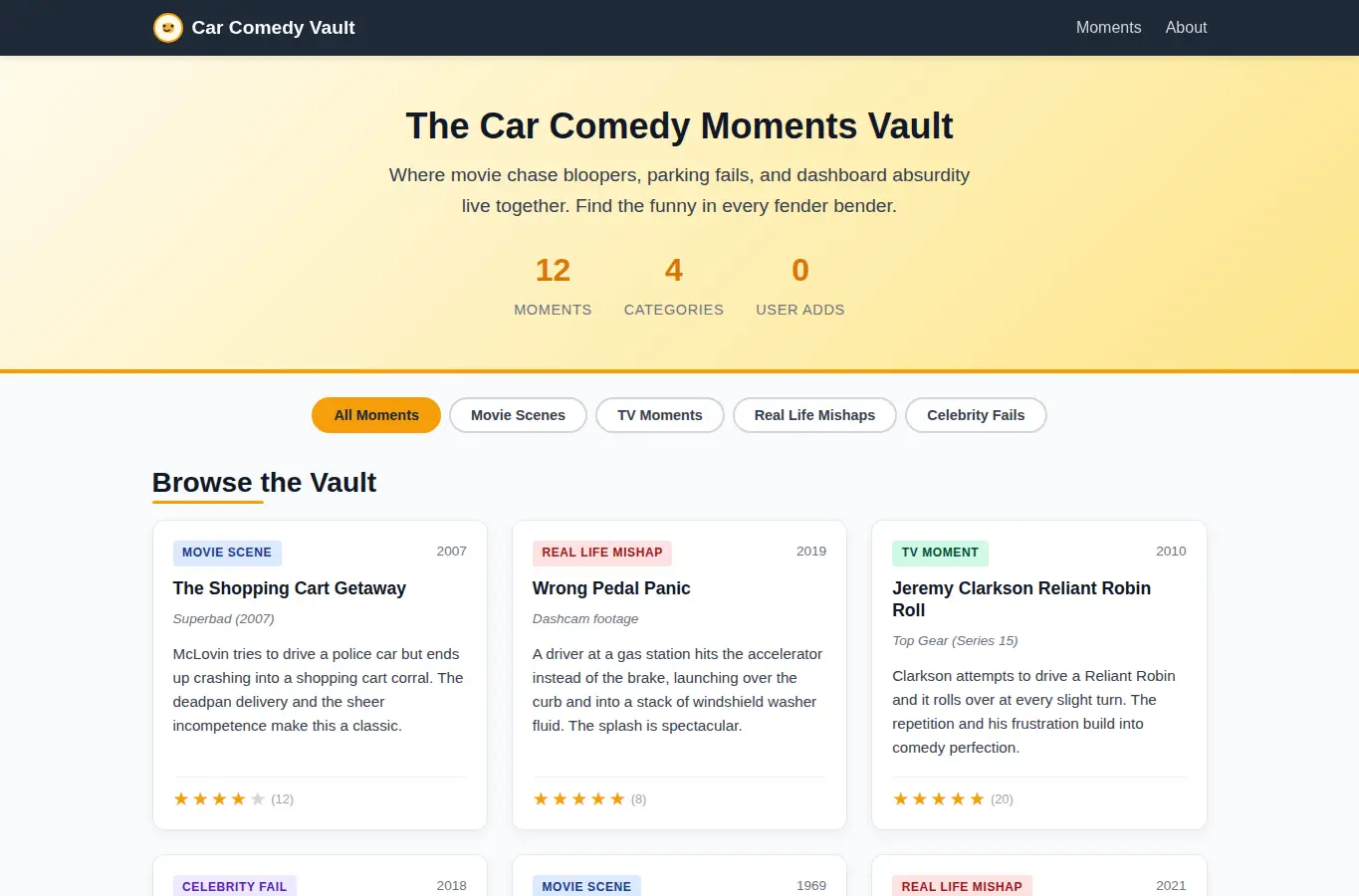 Screenshot of Car Comedy Moments Vault interface showing the project page in use